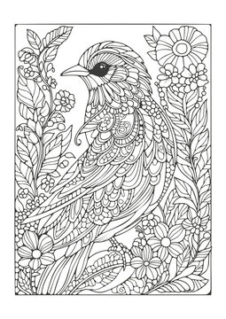 Coloring page for children and adults. Antistress. Fairytale bird in a blooming garden. Art line.