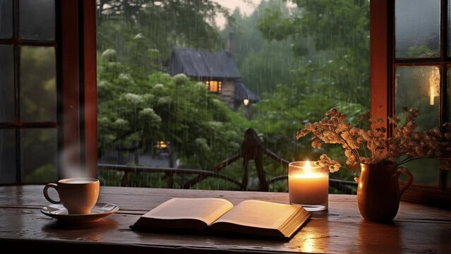 Book, candle and coffee cup on table with window open at village house, rainy day in afternoon. 4K Seamless looping background animation
