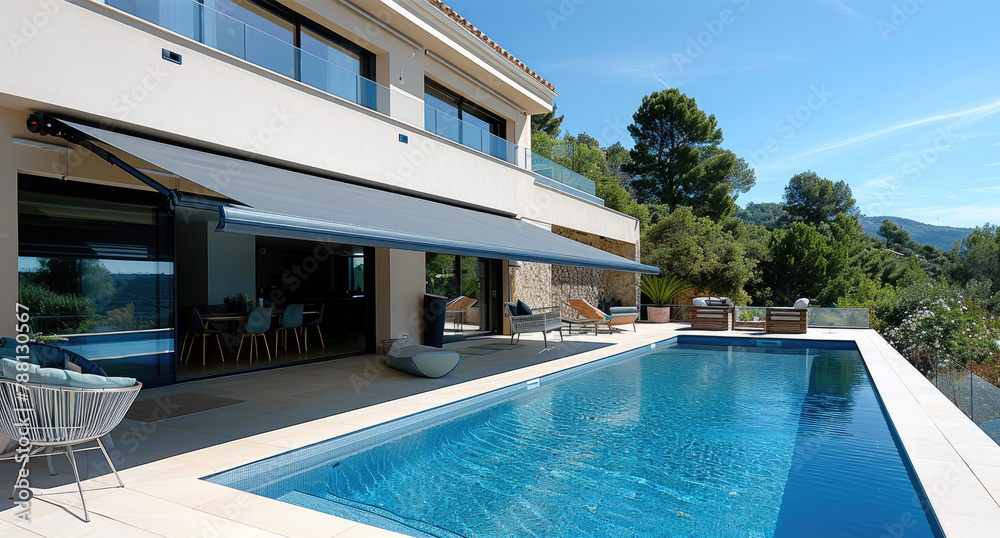 Poster a big pool in summer from a terrace, the terrace is kept in the shade by a modern awning. generative