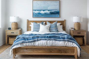 A horizontal poster of a seascape hangs above a double bed with a wooden headboard, colorful pillows in a white and blue range, lamps on nightstands on either side of the bed, a rug on a wooden floor.