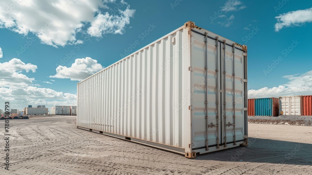 Wall mural vibrant blue sky over solitary white shipping container in industrial area, with multiple colorful c