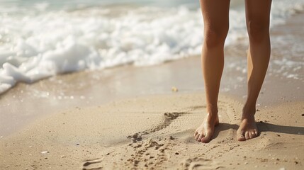 A woman's legs are standing on a sandy beach, AI