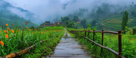 Fototapeta premium Chinese rural house with colorful flowers, green plants, stone path small wooden fence wet after rain on background of green terraced rice fields and mist