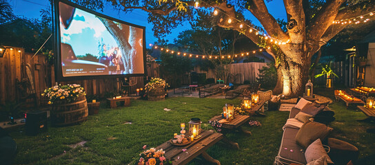 A outdoor cinema setup in the backyard, with seats and string lights around an old movie screen
