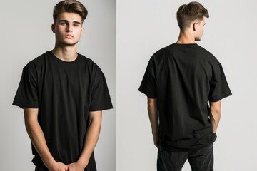 A young male model showcases a classic black t-shirt in both front and rear views, demonstrating the garment's fit and style on a neutral background.