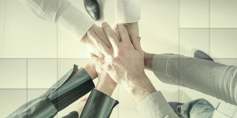 Business teamwork hands, geometric pattern