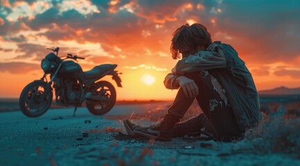 Man sitting next to a motorcycle on the road after an accident - Powered by Adobe