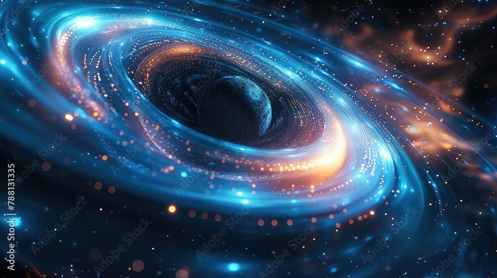 Poster 3d rendering of black holes, abstract black holes and blue spirals glowing in space, science fiction