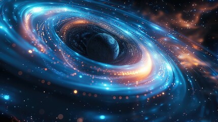 3d rendering of black holes, abstract black holes and blue spirals glowing in space, science fiction background with cosmic light effects of planets or stars orbiting around. Generative AI.