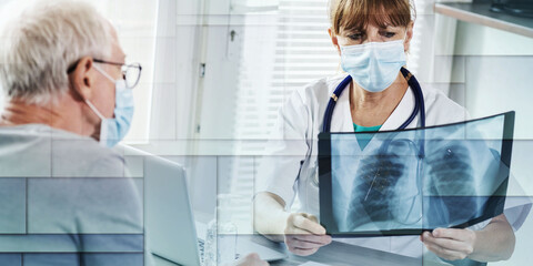 Female doctor examining lungs x-ray of senior man patient during coronavirus outbreak, geometric pattern