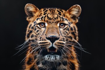 Close up of leopards face on black background