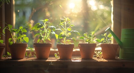 Row of potted plants on window sill