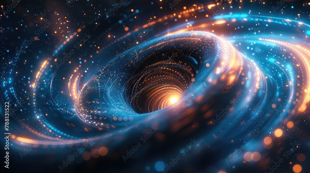 Poster 3d rendering of black holes, abstract black holes and blue spirals glowing in space, science fiction