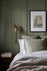 Close-up of the vertical poster in a black frame on pistachio wall panels above the headboard with cotton bed linen, metal sconce above wooden stool with books on it.