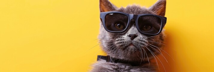 Cool cat wearing sunglasses on yellow background