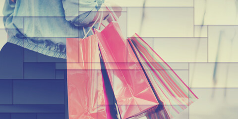 Woman walking and holding shopping bags, geometric pattern - 788131719