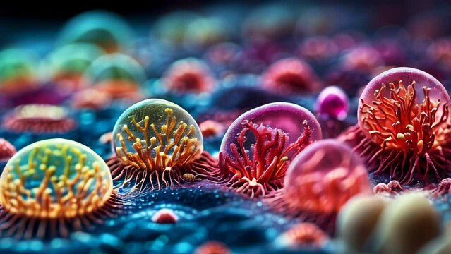 Vibrant depiction of cells in a microscopic ecosystem. Generative AI Video. ProRes LT 59.94 FPS available in 4K 16:9.