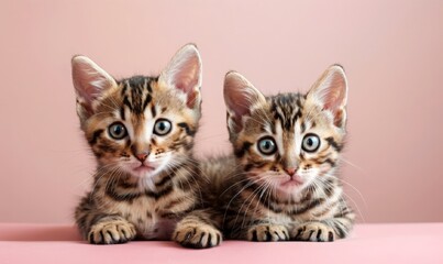  two kittens of the bengal breed against a gray pink background, detailed realism image. Close up cute baby cat. Greeting card, banner, poster. With free place for text. Veterinary clinic,  pet shop.