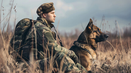 Ukrainian soldier with German shepherd dog outdoors.