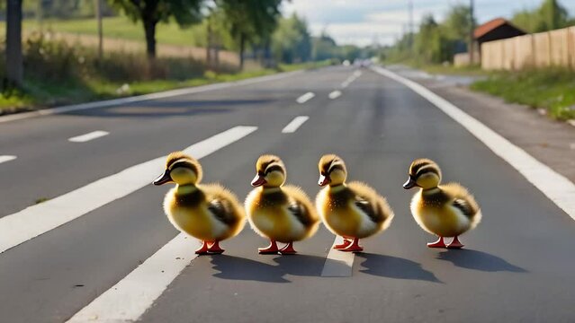 Attention, watch out for animals on the road. Little ducklings stand on the highway