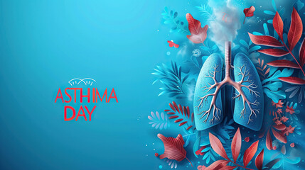  World Asthma Day.human lungs on blue background Awareness of lung cancer, pneumonia, asthma, COPD, pulmonary hypertension, world no tobacco day and eco air  - obrazy, fototapety, plakaty