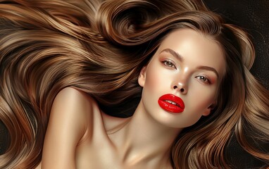 Fototapeta premium A woman with long brown hair and red lipstick