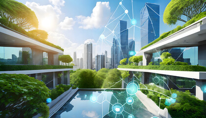 future cityscape where buildings are integrated with bioengineered elements, promoting susta. Generative AI.