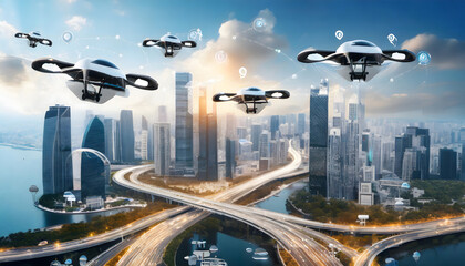 future cityscape with autonomous flying vehicles, showcasing a sky filled with interconnecte. Generative AI.
