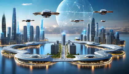 futuristic city with floating skyports for aerial transportation, showcasing a skyline fille. Generative AI.