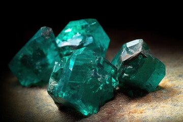 Dioptase is a rare precious natural stone on a black background. AI generated. Header banner mockup with space.