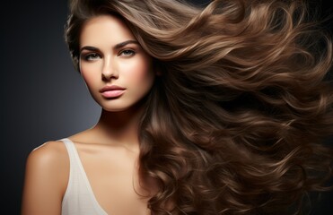 Fototapeta premium A woman with long brown hair is standing in front of a black background