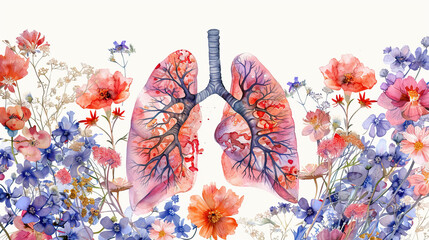 World Asthma Day. human lung organ with flower watercolor art Awareness of lung cancer, pneumonia, asthma, COPD, pulmonary hypertension, world no tobacco day and eco air  - obrazy, fototapety, plakaty
