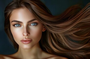 Fototapeta premium A woman with long brown hair is standing in front of a black background