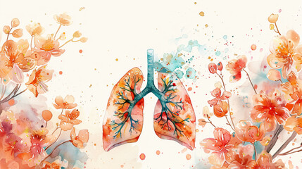  World Asthma Day. human lung organ with flower watercolor art Awareness of lung cancer, pneumonia, asthma, COPD, pulmonary hypertension, world no tobacco day and eco air  - obrazy, fototapety, plakaty