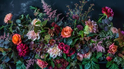 Baroque floral arrangement in a lush garden with rich hues and ornate design on a black backdrop. Features vibrant colors, intricate details, and botanical elegance, showcasing lavish blooms and class