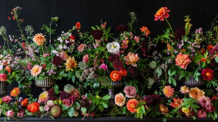 Baroque floral arrangement in a lush garden with rich hues and ornate design on a black backdrop. Features vibrant colors, intricate details, and botanical elegance, showcasing lavish blooms and class