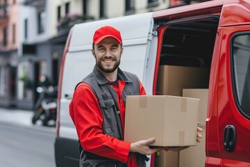 Delivery Man Holding Box in Front of Red Van