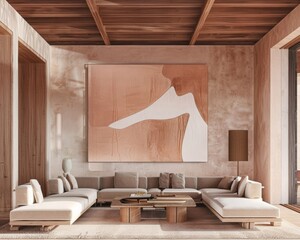 The interior of the modern bright living room is decorated in neutral tones. The color is 24 years old peach down. Light upholstered furniture, Minimalistic interior details. An image for advertising 
