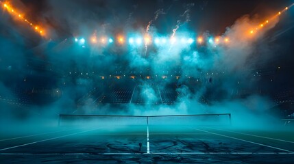 Mystic Tennis Arena: Haze & Highlights. Concept Athletes, Mystical Setting, Dramatic Lighting, Tennis Match, Dynamic Poses - obrazy, fototapety, plakaty