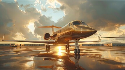 Golden private jet at the airport. Generative AI. - obrazy, fototapety, plakaty