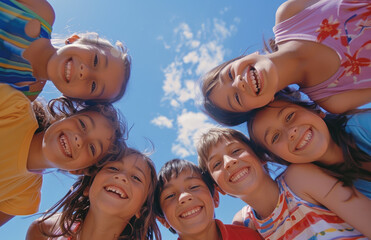 group of happy children, looking at the camera and smiling in colorful , outdoors, clear blue sky