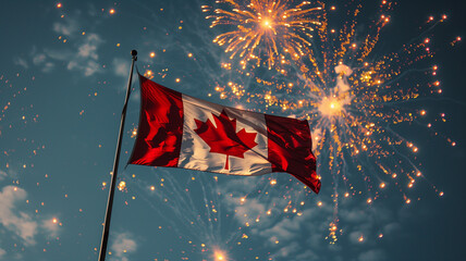 A Canadian flag flutters brightly against a clear blue sky surrounded by sparkling Victoria Day fireworks 