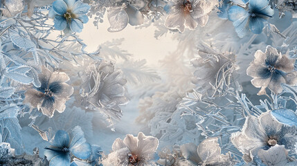Crystal blue and icy white frost flowers, silver touches on winter sky grey canvas.