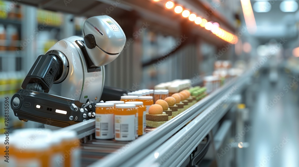 Poster A Visual Quality Inspection robot examining food packaging on conveyor belt, focusing on the robot precise movement and detailed scanning process with various food packages passing by. Generative AI.