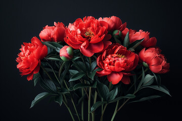 Red peonies on a black background 