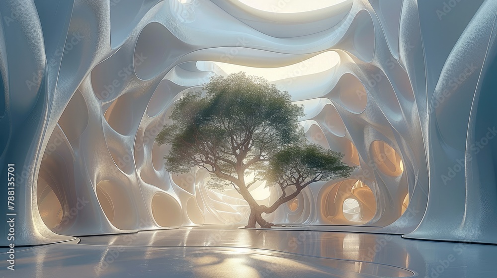 Poster An symmetrical and exquisite hall with an oversized organic parametric structure, featuring tall trees in the center of the room surrounded by walls made from white wavy resin sheets. Generative AI.