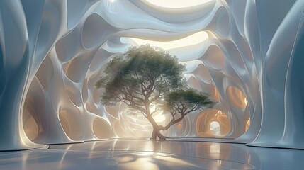 Fototapeta premium An symmetrical and exquisite hall with an oversized organic parametric structure, featuring tall trees in the center of the room surrounded by walls made from white wavy resin sheets. Generative AI.