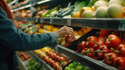 Woman Selecting Fresh Produce in Grocery Store - obrazy, fototapety, plakaty