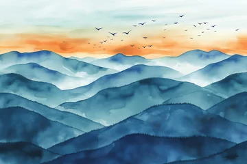 Poster Watercolor painting of landscape art background with mountains and hills © somwut