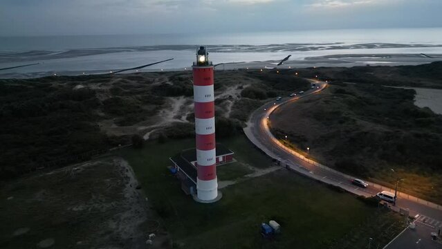Aerial view of Berck Sur Mer Lighthouse at sunset, Pas de Calais, France.